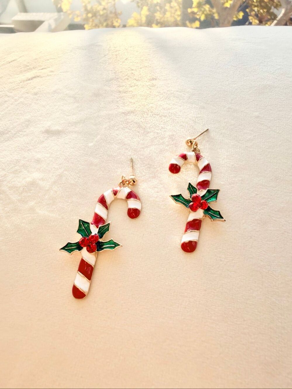 Christmas Candy Cane Holly Drop Earrings Red White Green Rhinestone